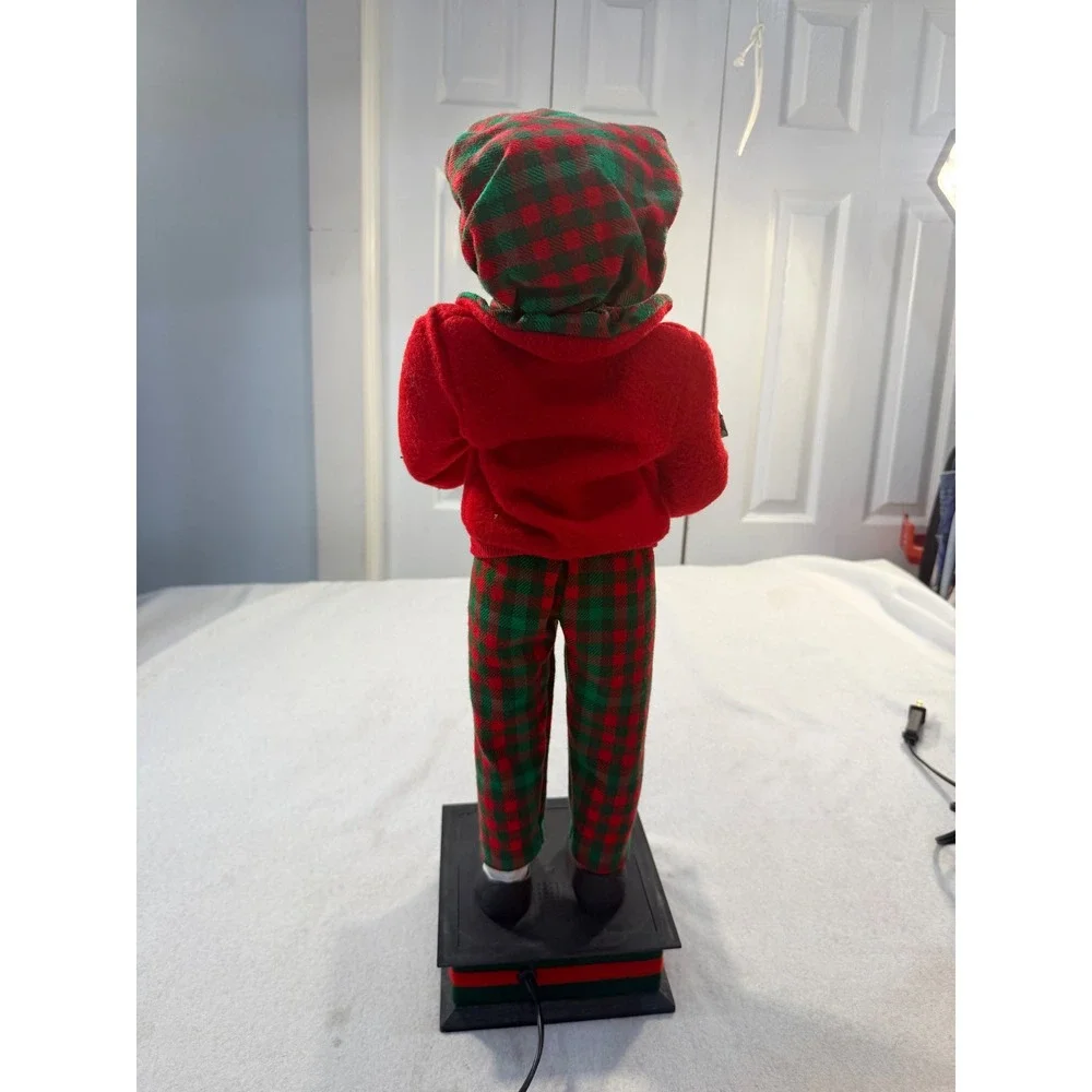 Vintage Noel Animated Christmas Boy Figure Lighted Candle Presents Plaid Outfit